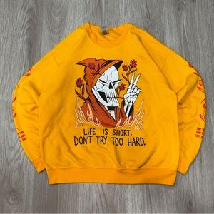 Yellow Graphic Sweatshirt — "Life Is Short" Skeleton Design